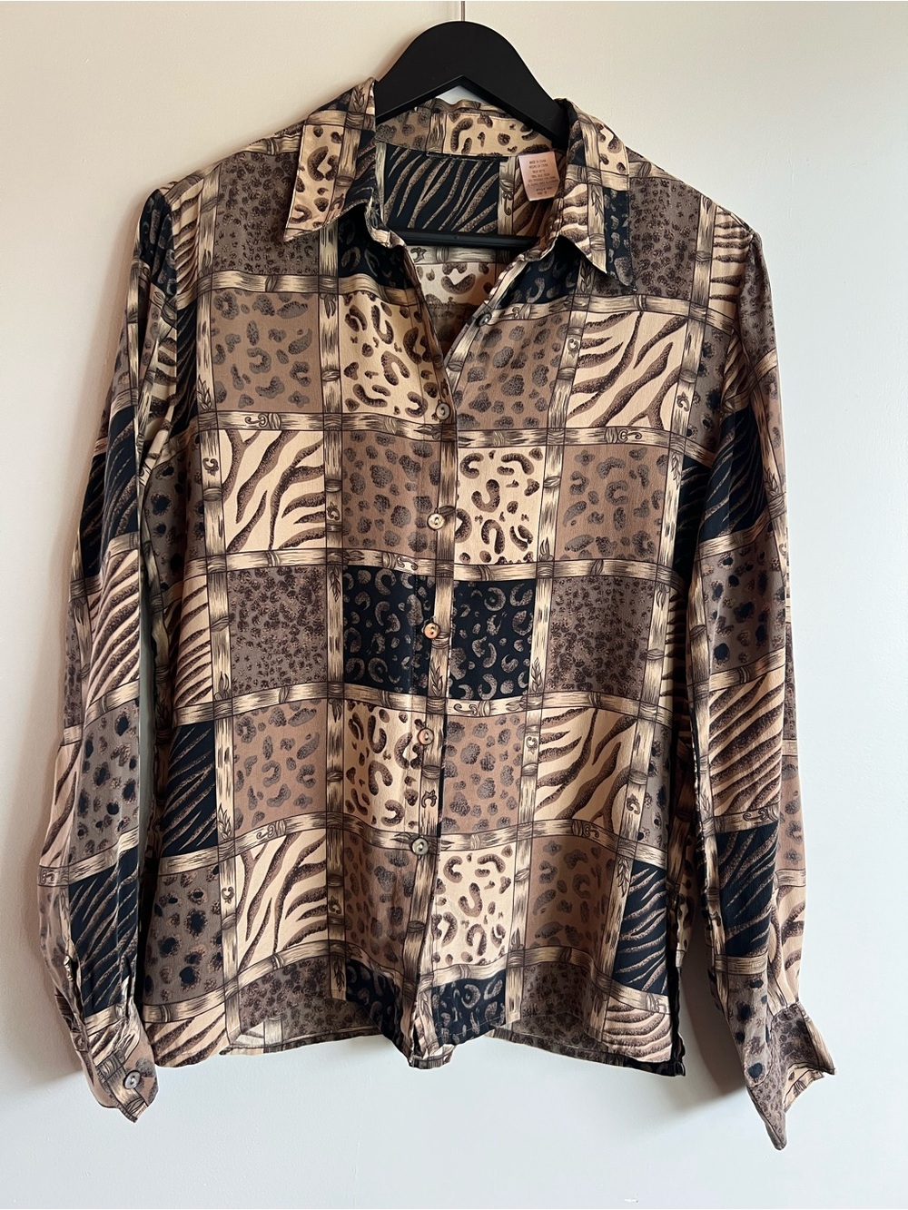Vintage 100% Silk Animal Print Button Front Blouse Safari Leopard Zebra Small